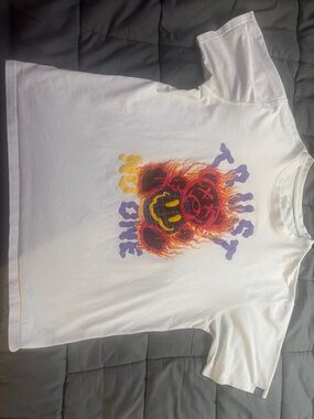 White Kids Short Sleeve Tee with Flaming Smiley Graphic